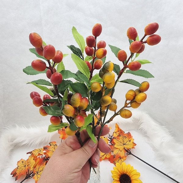 11" (28cm) 21pcs Red-orange-brown Barberry Berries on 3 Branches, Artificial Autumn Barberry Berry Branch, Craft Supplies, Artificial Fruit,