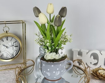 Real Touch Tulip Arrangement, Grey-White Artificial Eternal Flowers for Iron Anniversary, Tiered Tray Decor, Restaurant Table Centerpiece