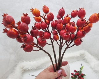 15" (39cm) red faux rosehip branch, fall berry, fall craft supplies, faux rosehip, farmhouse decor, minimalist decor, faux fruit, red berry