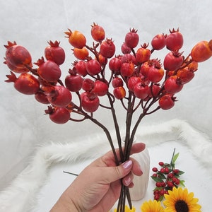 15&quot; (39cm) red faux rosehip branch, fall berry, fall craft supplies, faux rosehip, farmhouse decor, minimalist decor, faux fruit, red berry