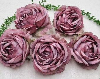 5 Stück mauvefarbene Seidenrosenköpfe, Rosenkopfset mit 9 cm Durchmesser, realistische künstliche Rosen, Blumenzubehör für die Hochzeit, Haarschmuck