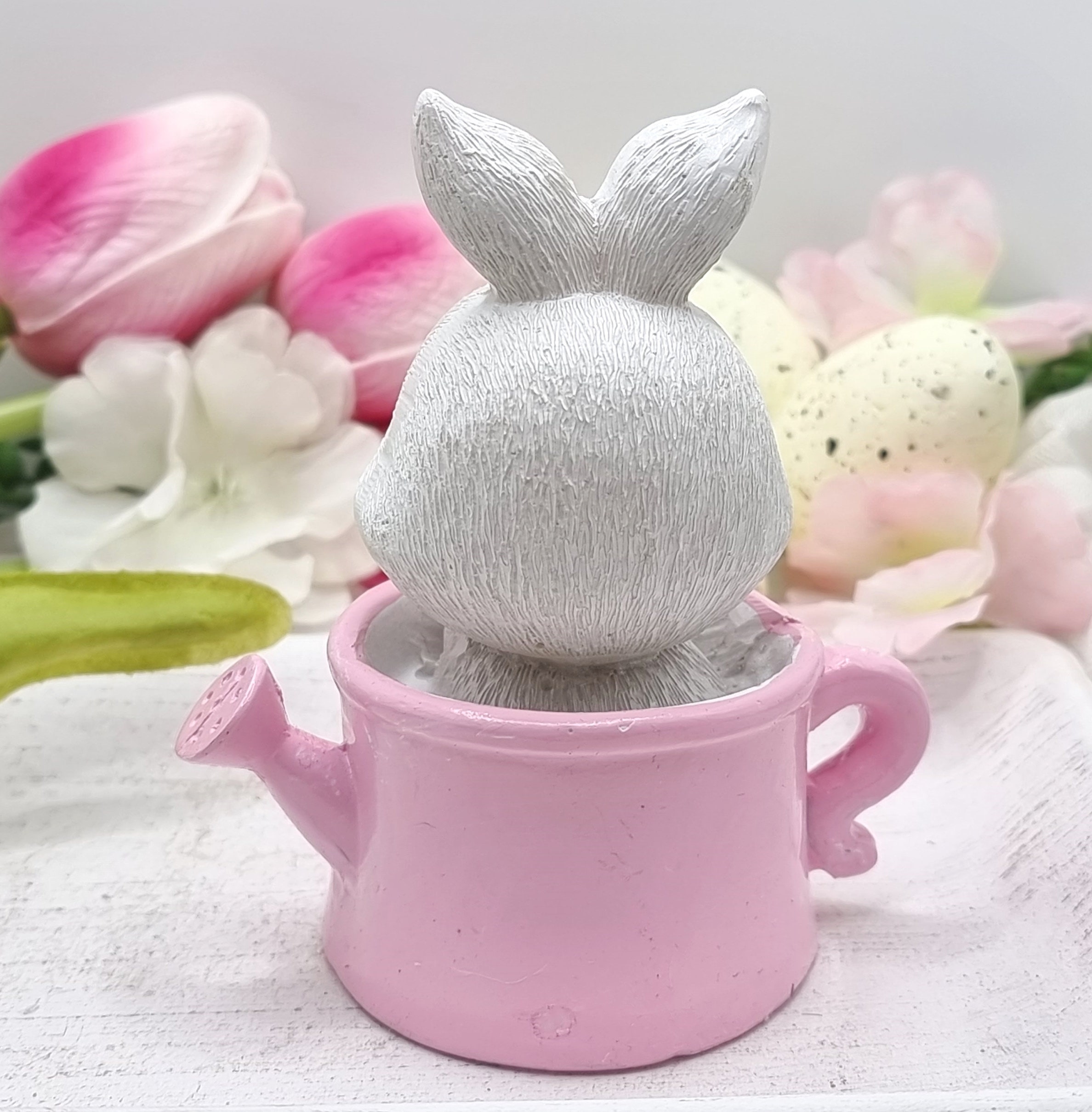 Bunny Figurine Resin With Watering Can and Basket of Flowers  Easter Bunny In Flower Watering Can Figurine New main image 2