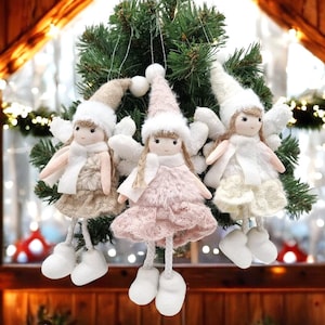 Pink-White Christmas Fairy ornament with wings, Handmade Christmas Hanging Decoration. 2024 Christmas Angel Doll Christmas Decor, Girls gift
