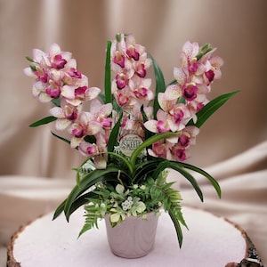 Può includere: Un arrangiamento di orchidee rosa e bianche in un vaso rosa chiaro con il testo "Home Sweet Home" su un'etichetta.