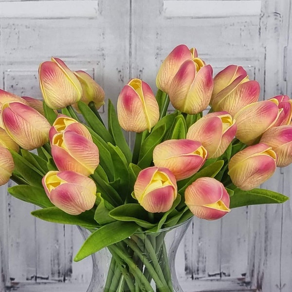 10 stuks geel en roze Real Touch Tulpen, tafel middelpunt, eettafel middelpunt grote tulp, Real Touch bloemstuk