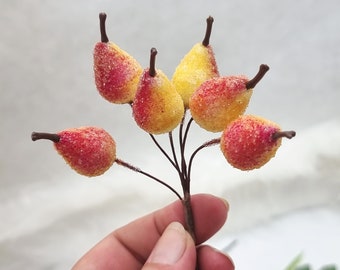 6 pcs Mini Sugar Pear, poire artificielle, Fairy Garden Pear, accessoire de terrarium, fausse poire, faux fruit, fruit artificiel, décoration d'automne