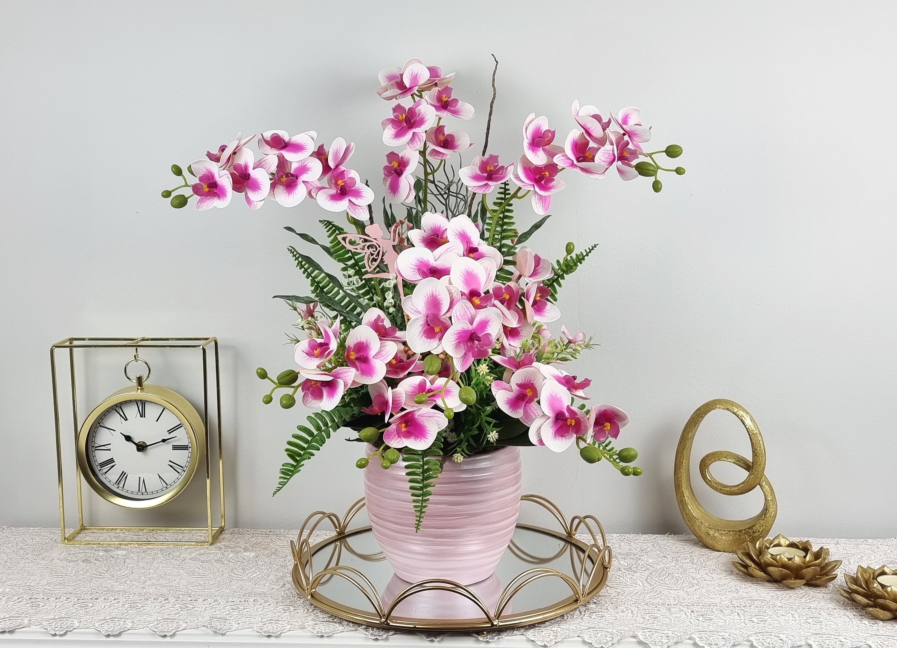 Flora Bunda 9 Artificial Silk Peony Arrangement in Glass Pot, Pink