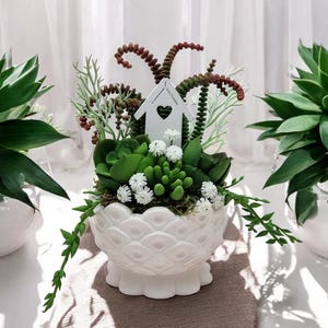 Puede incluir: Una maceta de cerámica blanca con un borde festoneado y un diseño de casita de pájaros en la parte superior. La maceta está llena de suculentas verdes y flores blancas. Dos plantas suculentas verdes están en el fondo.