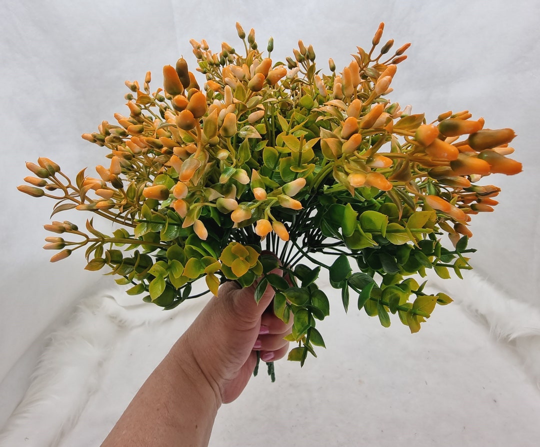 12,6 Orange Silk Flower Bouquet of Green Leaves Orange Berries, Faux Artificial Flower Vase