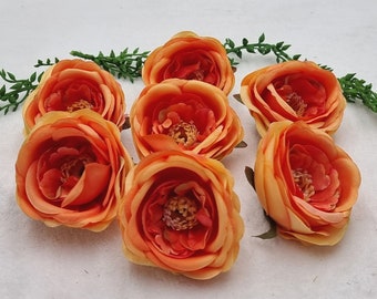 Ensemble de 7 têtes de roses orange en soie, 2,75 po. (7 cm) de diamètre, Têtes de roses artificielles réalistes Forver, Fleurs en soie, Rose floribunda