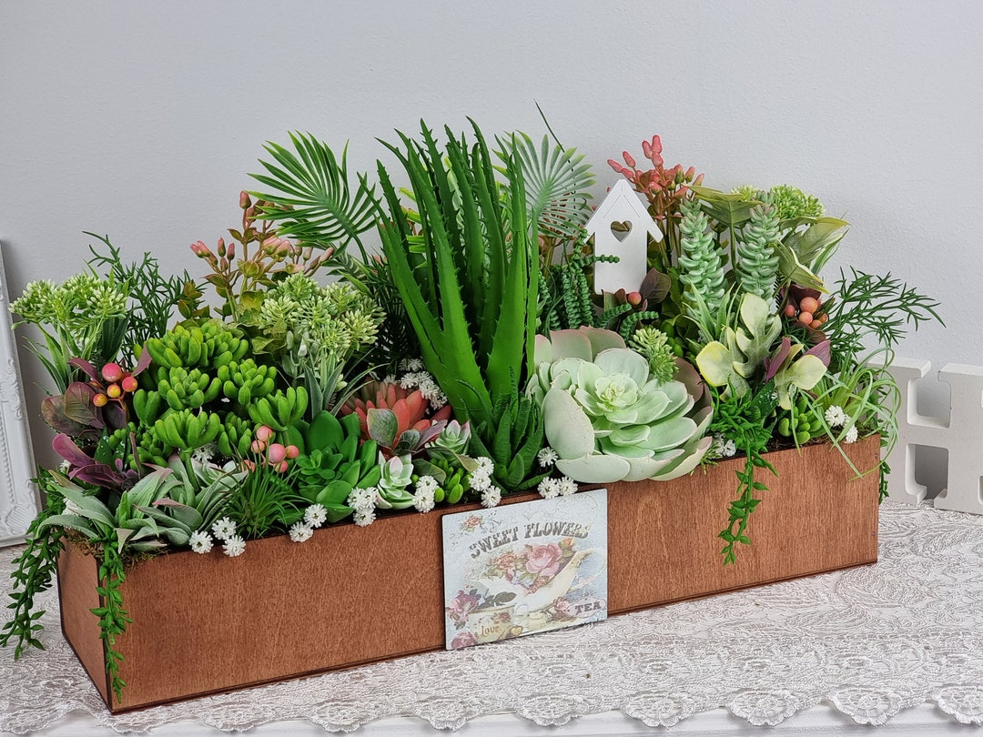 Fioriera In Resina A Forma Di Legno Per Piante Grasse E Cactus - Vaso Rustico Con Foro Di Drenaggio - 40x10x13,5 Cm - Per Interni/Esterni