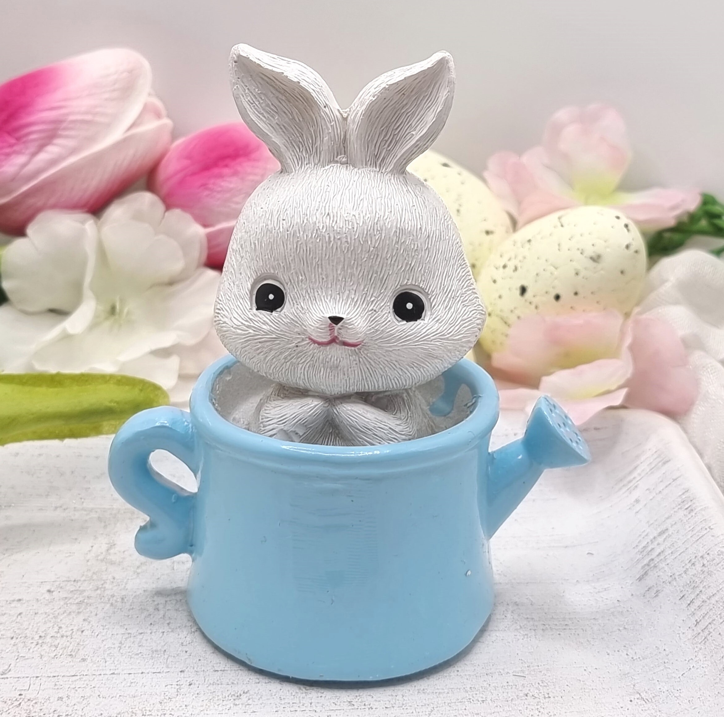 Bunny Figurine Resin With Watering Can and Basket of Flowers  Easter Bunny In Flower Watering Can Figurine New display picture 1