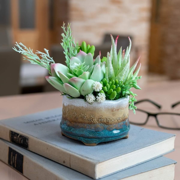 Artificial potted succulent in ceramic vase pot, Faux fake imitation simulation with green flower round cylinder shape housewarming gift