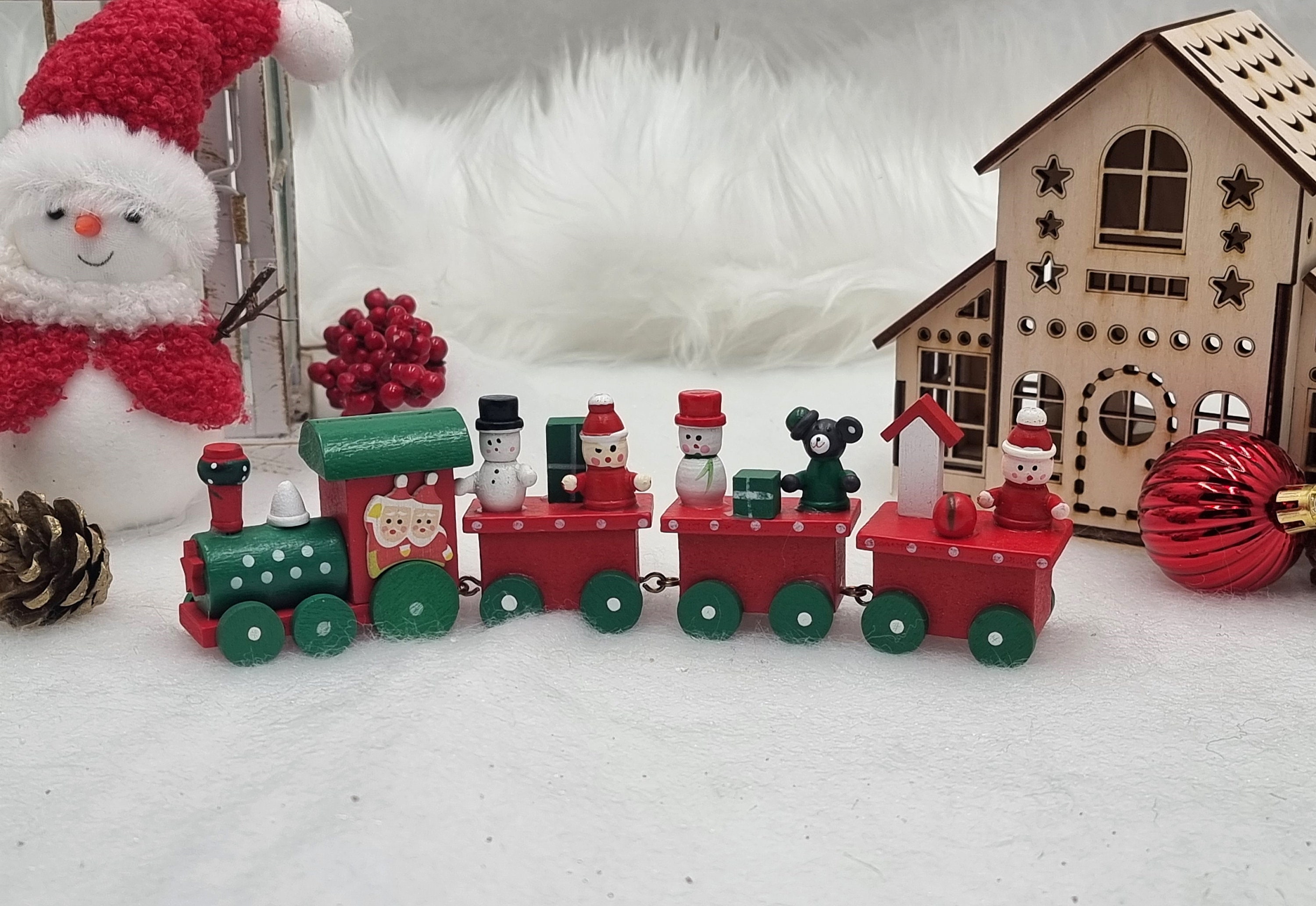 2pcs Petits Trains De Noël En Bois - Ornements Pendentifs Père Noël Bonhomme De Neige Pain D'Épice Pour Décoration