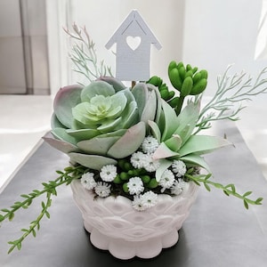 Puede incluir: Una pequeña maceta de cerámica blanca con borde festoneado, llena de una variedad de suculentas y flores blancas. Una pequeña casa de papel blanca con un corazón recortado se coloca encima de la disposición.