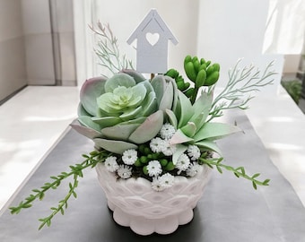 Faux Succulent Arrangement, Ceramic Pot, Housewarming Gift
