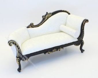 Miniature Black and Gold Chaise Sofa with White Ulpholstery