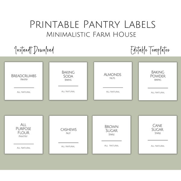 Afdrukbare minimalistische boerderij pantry labelsjabloon, moderne pantry labels & stickers, DIY jar label, pantry organisatie, Instant Download