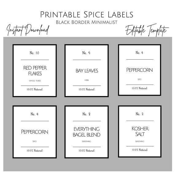 Editable Black Spice Jar Labels, Printable Spice Jar Label