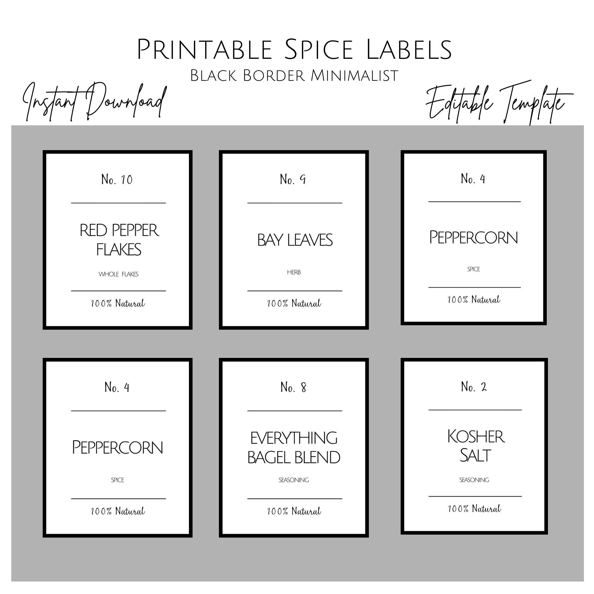 Printable Minimalist Spice Label Template, Modern Spice Labels