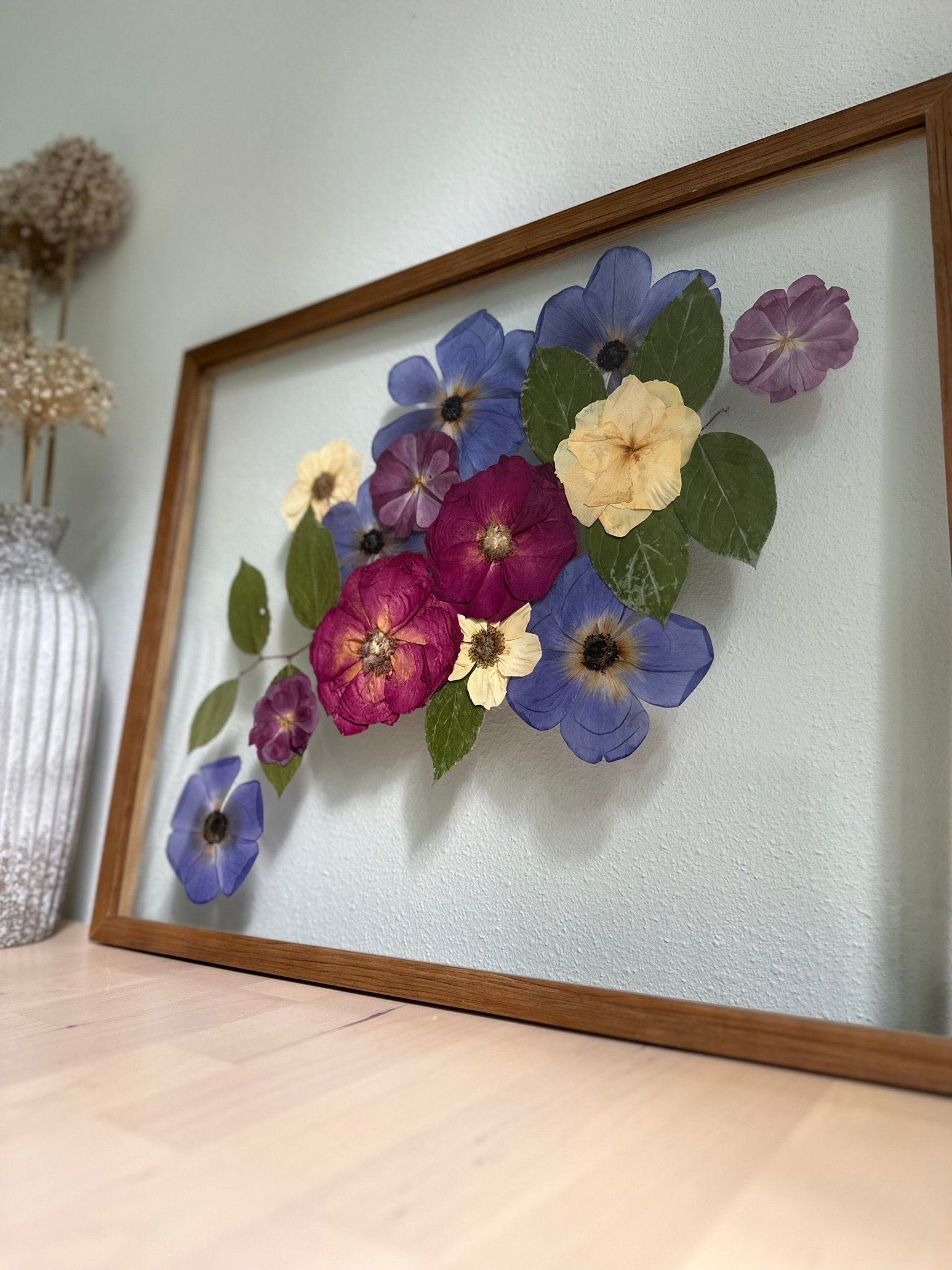 Pressed Flower Art, 16x20 Floating Frame in Walnut, Cascading Bouquet  Design 