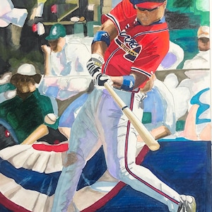 May include: A watercolor painting of a baseball player in a red jersey with white trim and the word "Braves" on the front. The player is wearing a white helmet with a red "A" on it. The player is swinging a wooden bat and is in a batting stance. The background is a blurred image of a baseball stadium.