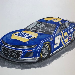 May include: Watercolor painting of a blue and yellow race car. The car has the number 9 on the side and the words "NAPA AUTO PARTS" are visible. The car also has the word "ELLIOTT" on the side.