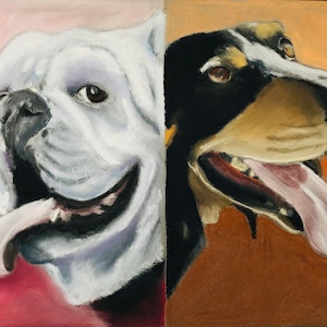 May include: A pastel drawing of two dogs side by side. The dog on the left is white with a black nose and tongue sticking out. The dog on the right is black, brown, and white with a pink tongue sticking out. The background is a gradient of pink and orange.