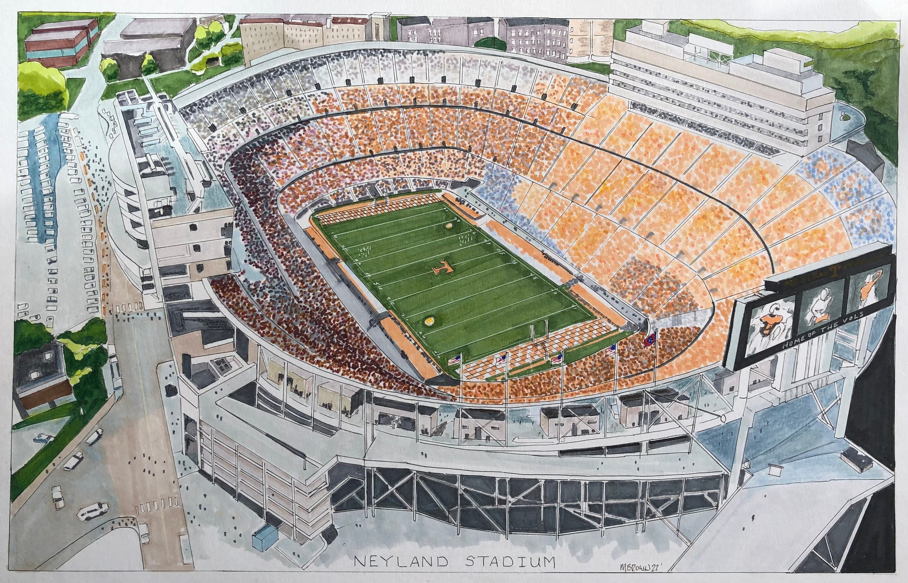 Neyland Stadium Print: University of Tennessee Hand-drawn Rendering  (11”x17”) - Etsy, image size:3000x1927