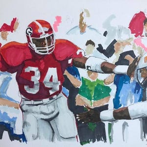 May include: A watercolor painting of a football game. A player in a red and white uniform with the number 34 is being tackled by a player in a blue and white uniform. The player in the red and white uniform is wearing a helmet with a red and white logo. The player in the blue and white uniform is wearing a helmet with a white and orange logo.