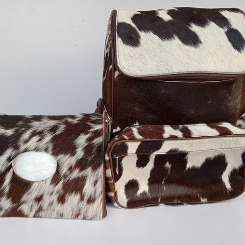 Cowhide Backpack Hair On | Exotic Tricolor Brown, Black - Handmade Bag Cow Skin Cow Hide Back Pack, Diaper Bag + Wet Wipes shops Holder