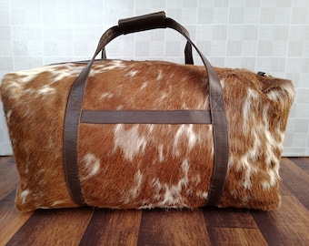 Exact to Picture! Cowhide Duffel Bag Brown White Leather Duffle Bag Large Cow hide Travel Cow Skin Holdall Weekender Gym Bag Overnight Bag