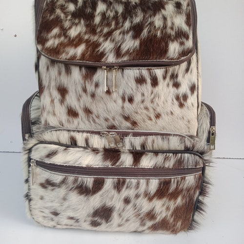 Cowhide Backpack Hair On | Exotic Tricolor Brown, Black - Handmade Bag Cow Skin Cow Hide Back Pack, Diaper Bag + Wet Wipes shops Holder