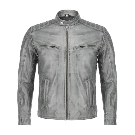 Men Leather Jacket Silver Grey Handmade Men's Genuine Etsy
