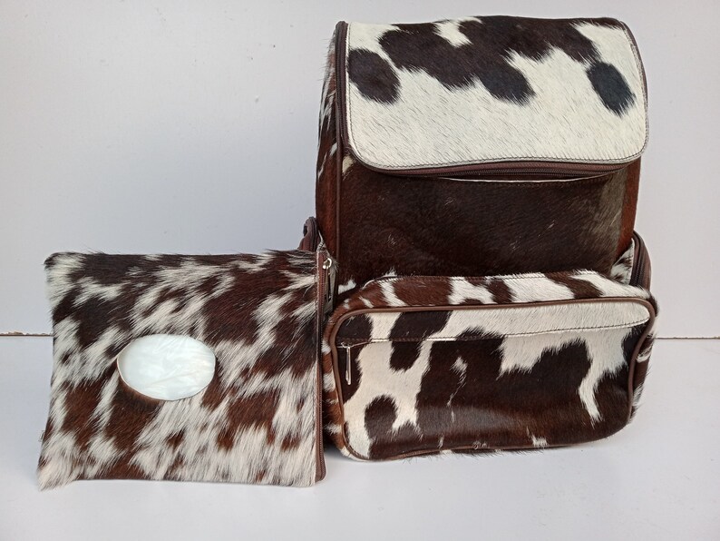 Cowhide Backpack Hair On | Exotic Tricolor Brown, Black - Handmade Bag Cow Skin Cow Hide Back Pack, Diaper Bag + Wet Wipes shops Holder