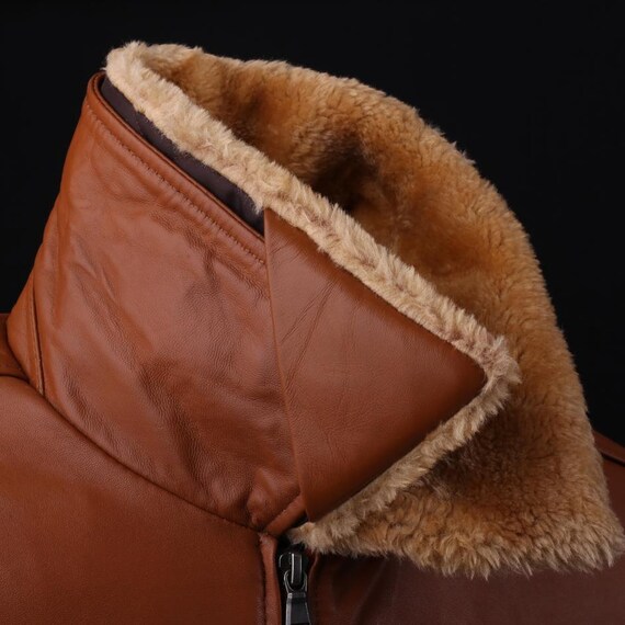 Bomber Mens Leather Jacket Brown Leather Man Jackets | Vintage Fur Collar Lambskin Jacket for Men