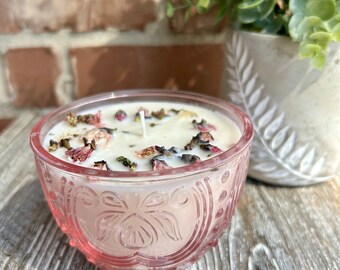 Vintage Pink Glass Candle , Organic Soy Wax , Lavender Vanilla