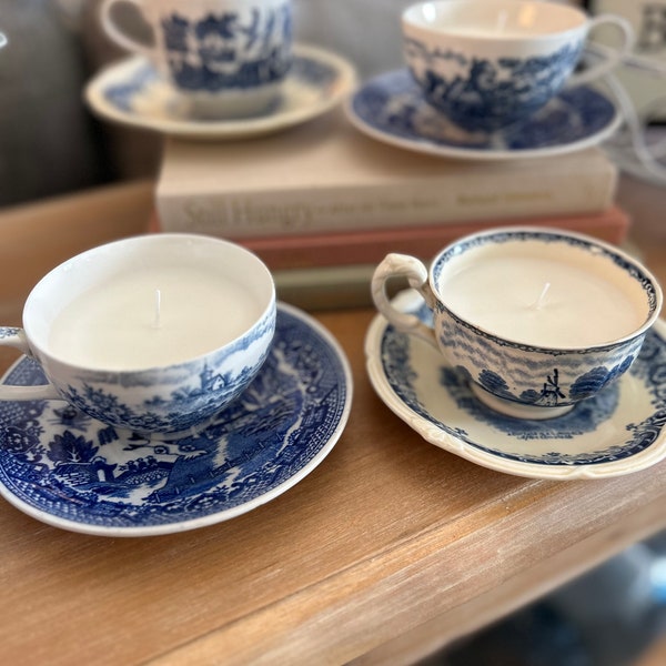 Mix and Match Blue and White Vintage Tea Cup Candles - Hand Poured , Organic Soy Wax