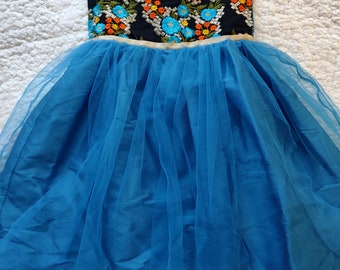 Girls ATUN Foral Chiffon Tulle Dress Special Occasion Stylish Designer Blue Tutu Dress For Summer Hand Embroidered Dress For Girls Age 9/10