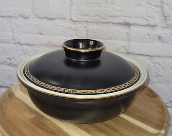 Mid Century Hall Forman Family Black Gold Starburst Pattern Ceramic Dish with Lid - Black and Gold Hall Pottery Lidded Dish