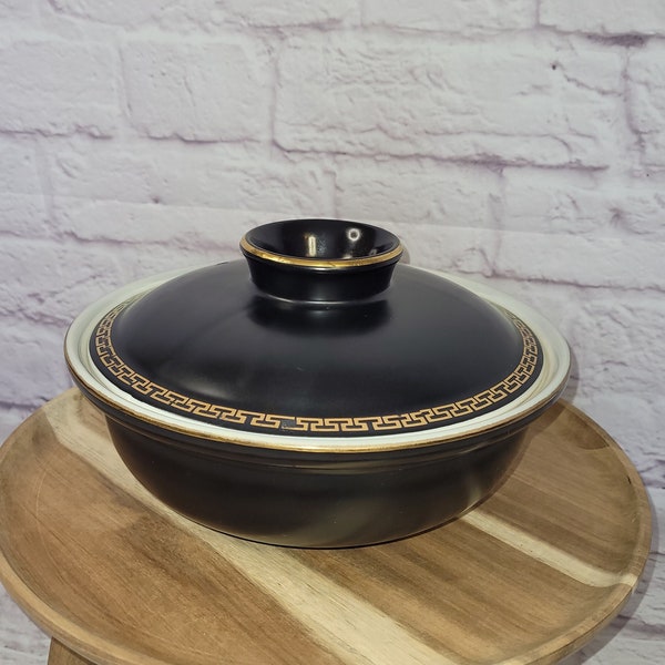 Mid Century Hall Forman Family Black Gold Starburst Pattern Ceramic Dish with Lid - Black and Gold Hall Pottery Lidded Dish