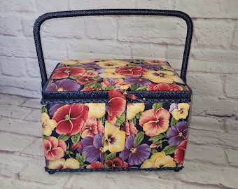 Vintage Floral Sewing Basket - Floral Fabric Sewing Box - Cottagecore- Vintage Fabric Sewing Box - Bright Color Pansies Sewing Box