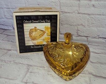 Vintage Hazel Atlas COLONIAL Covered Candy Dish (G6045) in Granada Gold, Triangle Shape, Pinwheel Pattern With ORIGINAL BOX