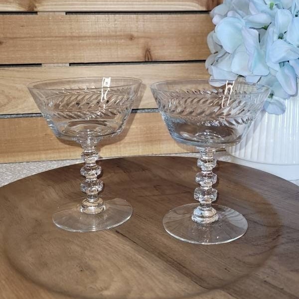 2 - Tiffin Laurel Wreath Cut Glass Crystal Champagne Glasses - Barware Glasses - Etched Mid Century Champagne Glasses - Crystal Glassware