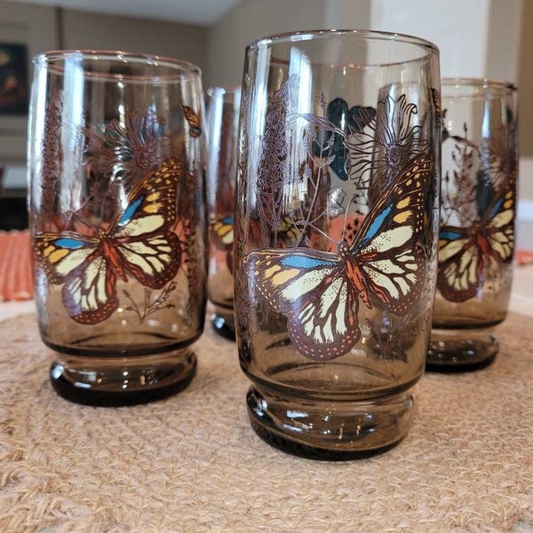 Vintage Libby Butterfly Glasses - Set of 4 |  Butterfly 70's Drinking Glasses | Mid Century Butterflies