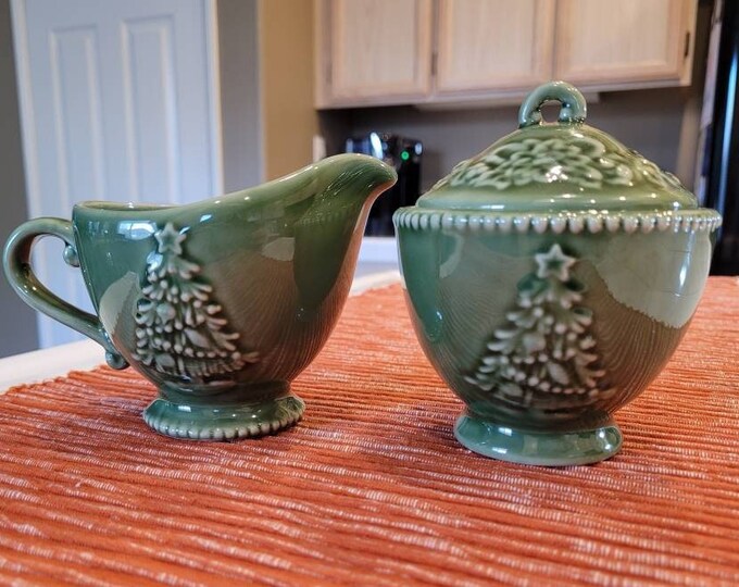Cracker Barrel peace on Earth Christmas Cream and Sugar Bowl Green
