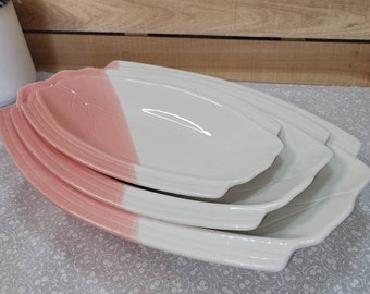 3 - Vintage Ceramic Pink and White Two Tone Scalloped Nesting Bowls -Trays-Dishes - Pink White Leaf Design Nesting Bowls