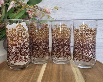 Vintage Libbey Golden Brown Floral Pattern Tumblers, Set of Four - Libbey Brown Flowers Glass Set - Vintage Libbey Glasses