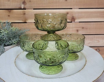 Vintage Anchor Hocking Avocado Green Low Sherbet Dishes - Set of 4 - MCM Barware - Mid Century Dishes - Green Crinkle Textured Glass