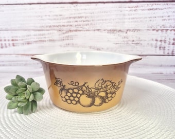 Vintage Pyrex 473 Old Orchard Casserole Dish – 1 Qt Brown Orange Fruit Pattern – Mid Century Bakeware - Mint